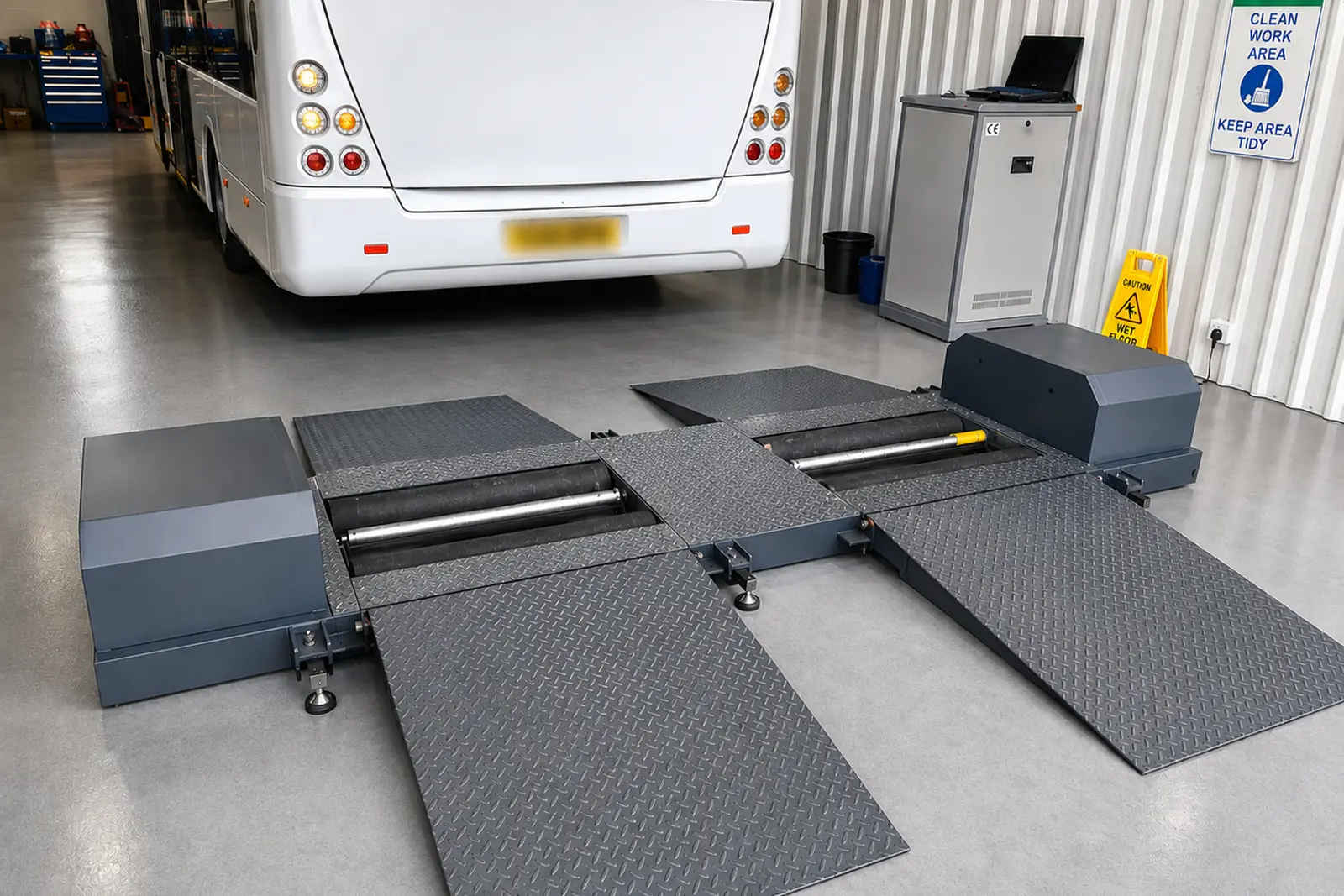 A heavy vehicle brake roller tester set into a workshop floor, with a bus positioned to drive onto it